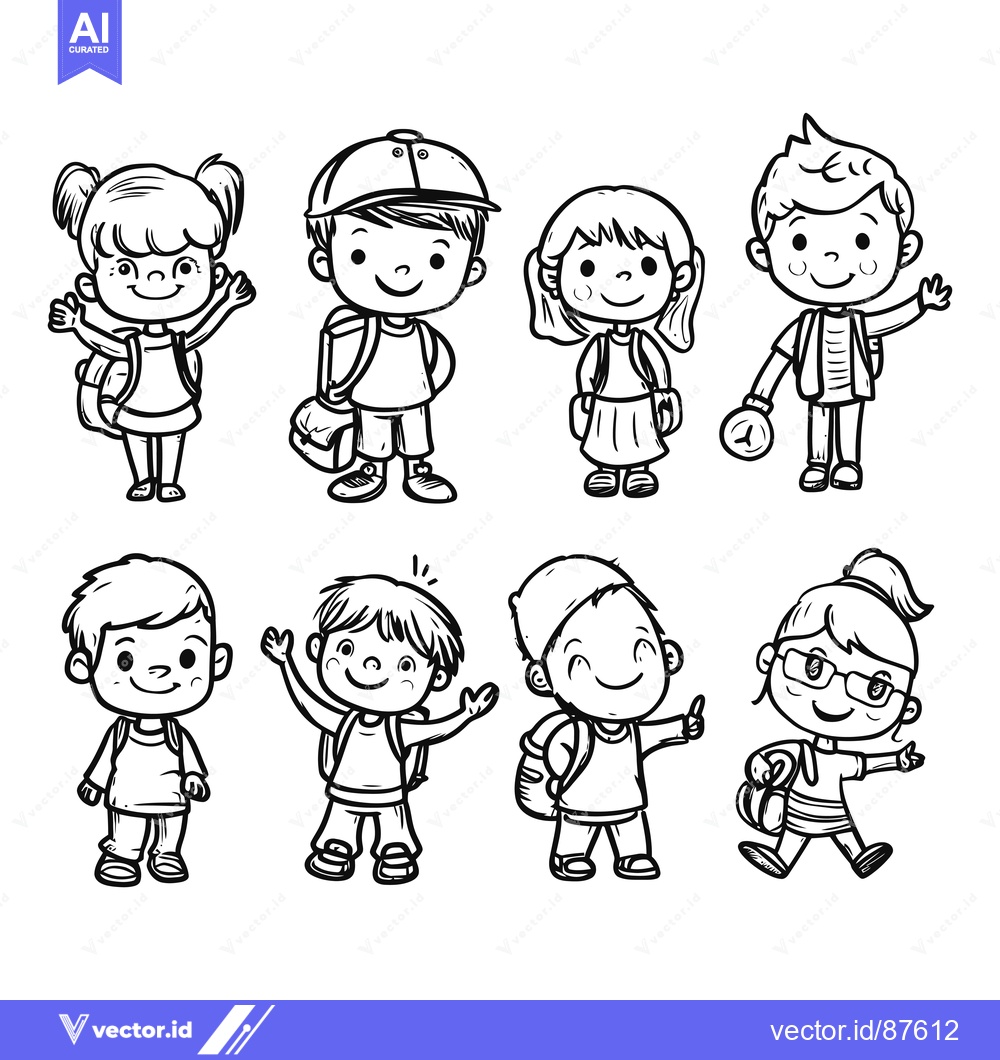 Premium Vector of Cartoon Illustration of Seven Children with Backpacks