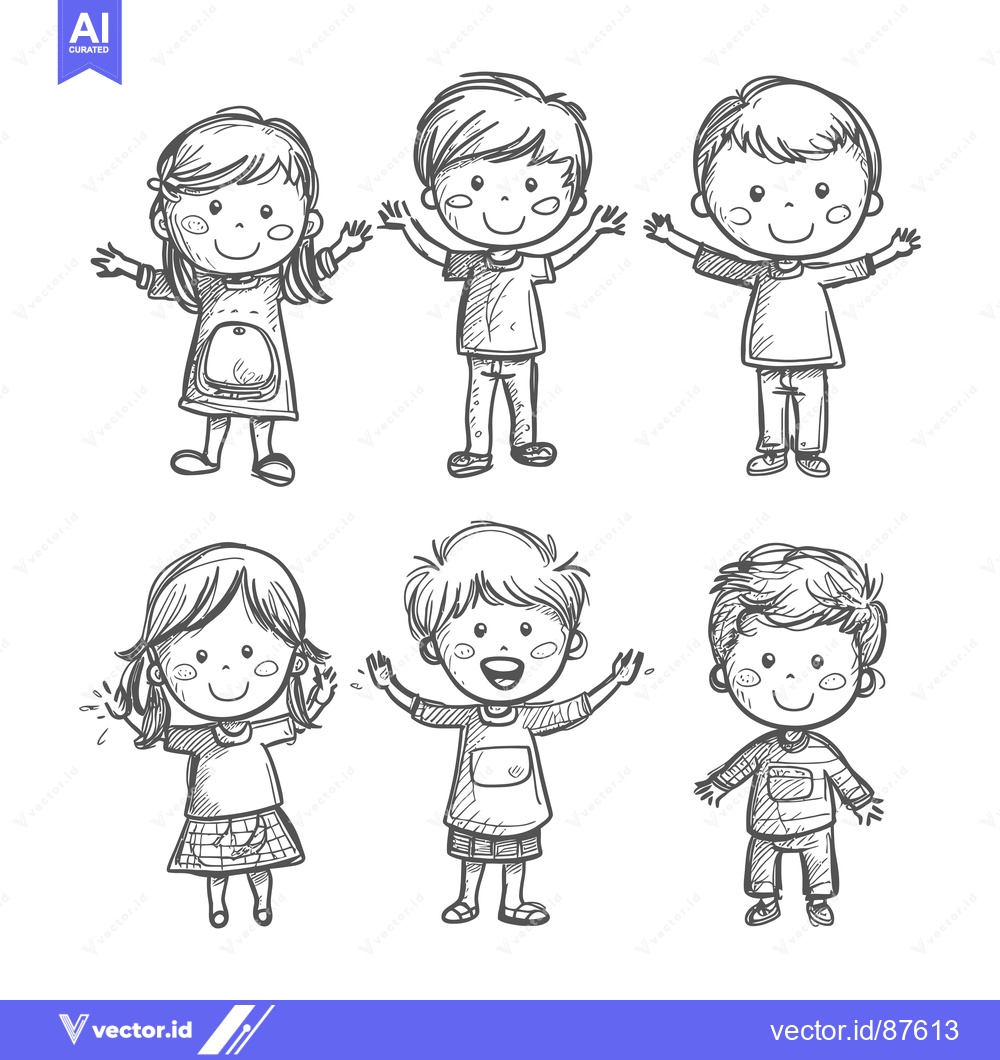 Premium Vector dari Hand-drawn Sketches of Six Smiling Children with Arms Outstretched