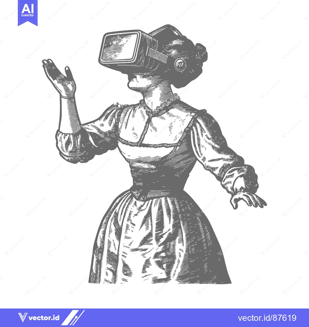 Premium Vector of A woman in a vintage dress wearing a virtual reality headset