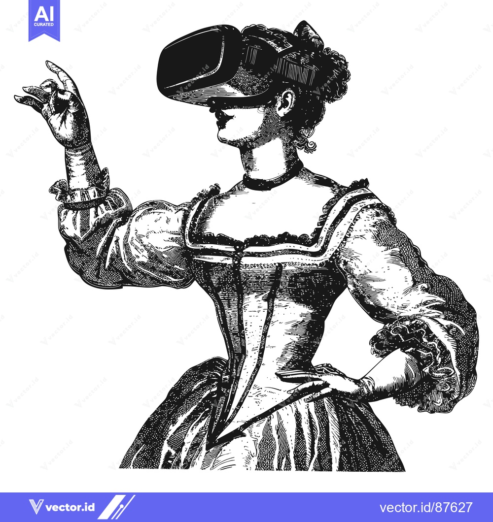 Premium Vector dari A Woman in a Vintage Dress Wearing a Virtual Reality Headset
