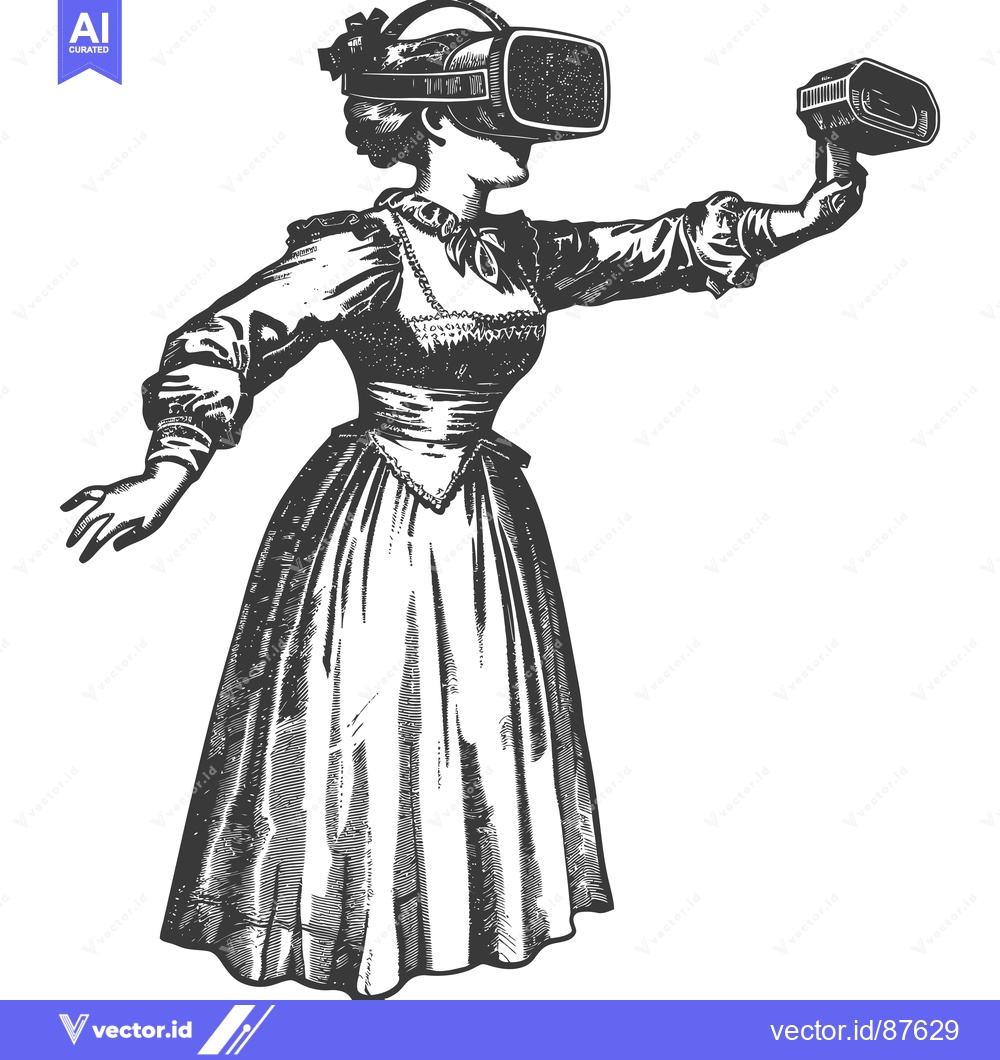 Premium Vector dari Victorian Woman Experiencing Virtual Reality with a VR Headset and Con