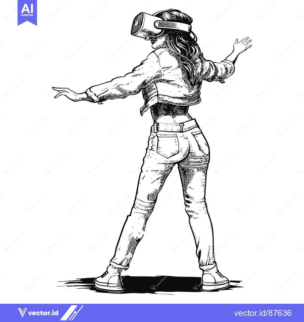Premium Vector of A Woman Wearing a VR Headset and Jeans, Reaching Out With Her Right Ha