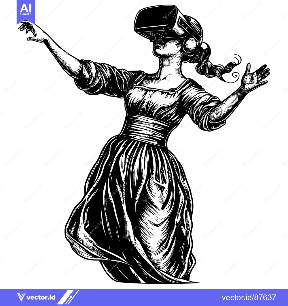 Premium Vector of A woman in a long dress wearing a VR headset, with her arms outstretch