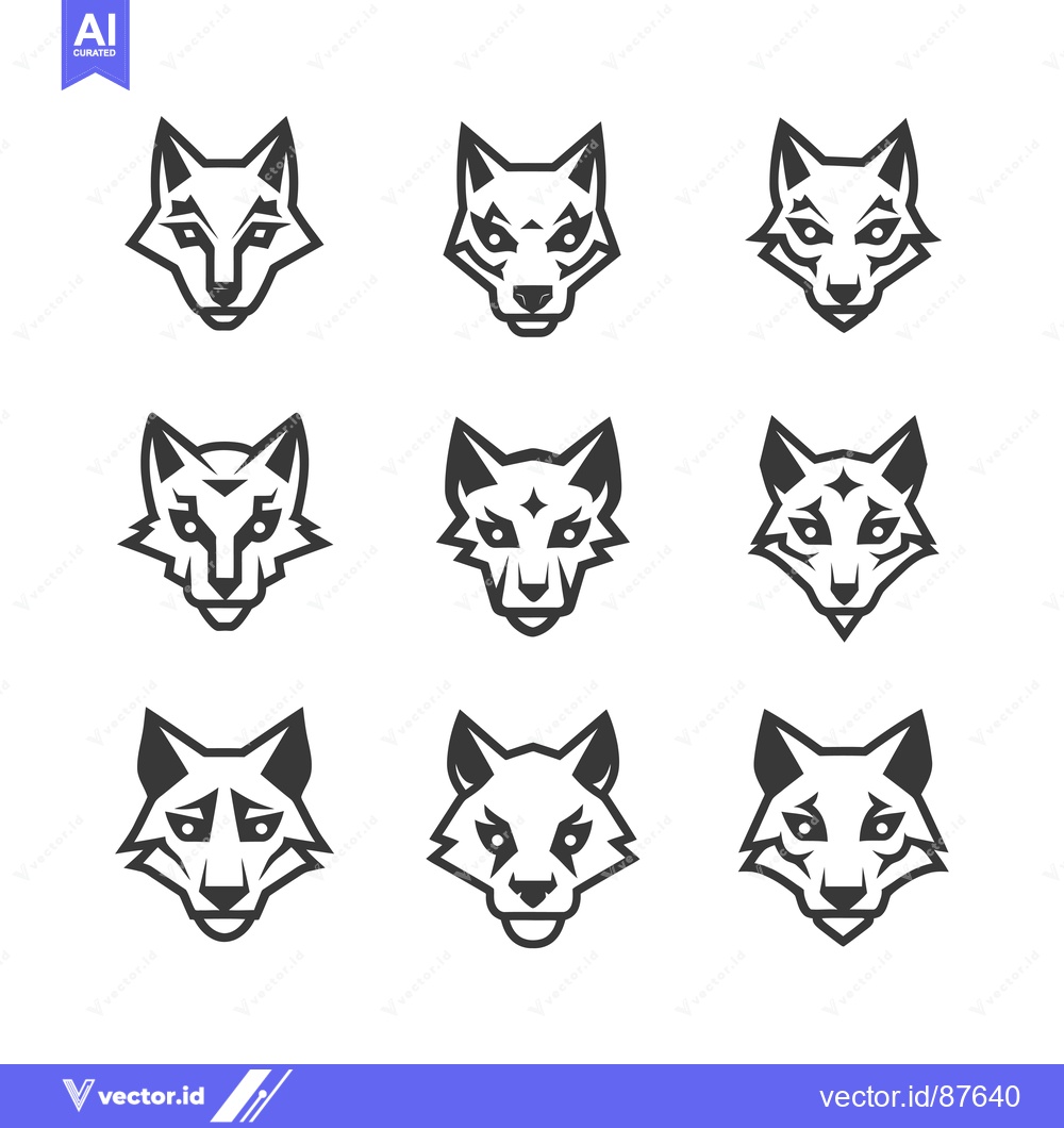 Premium Vector dari Nine Abstract Black and White Wolf Head Illustrations