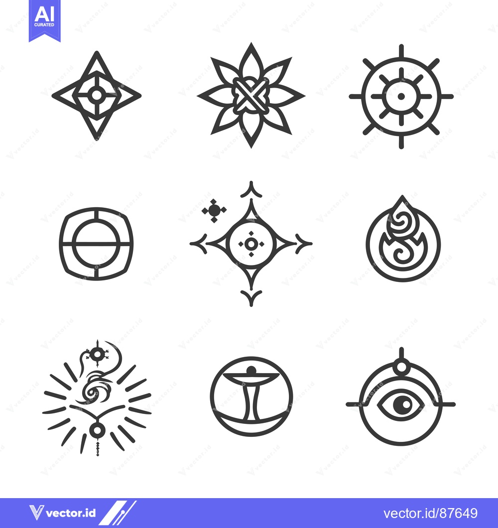 Premium Vector dari Nine Abstract Geometric Symbols with Central Dots and Line Patterns