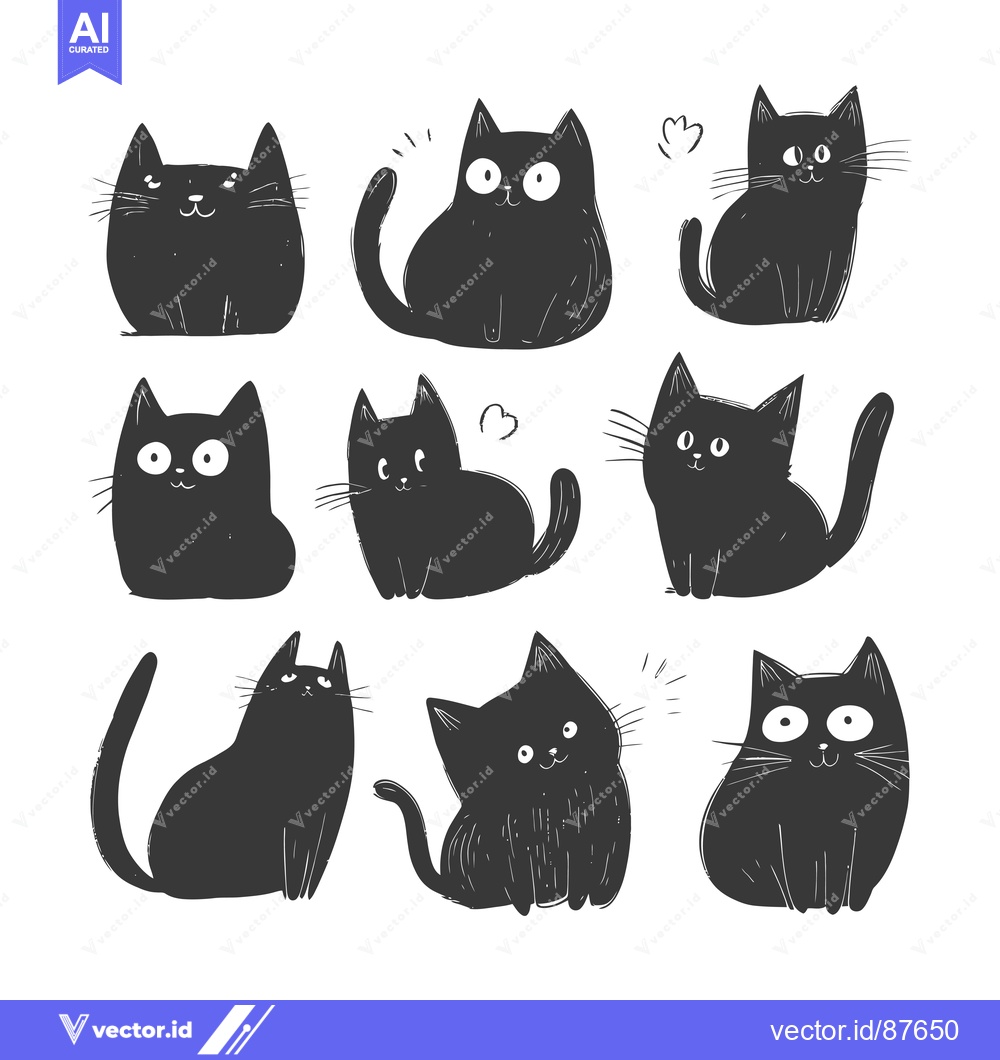 Premium Vector dari Nine Adorable Hand-Drawn Black Cat Silhouettes in Various Poses