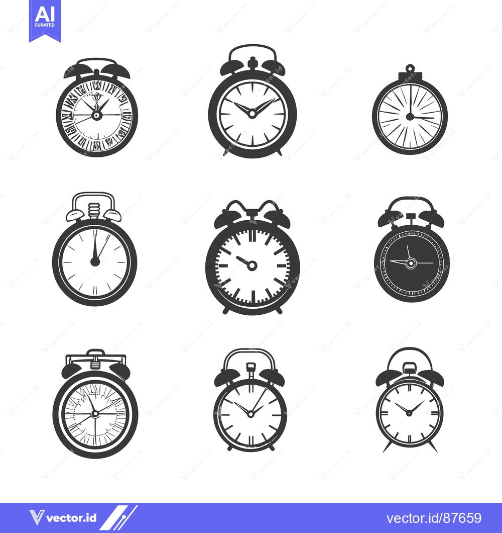 Premium Vector dari Nine Black and White Alarm Clock Icons