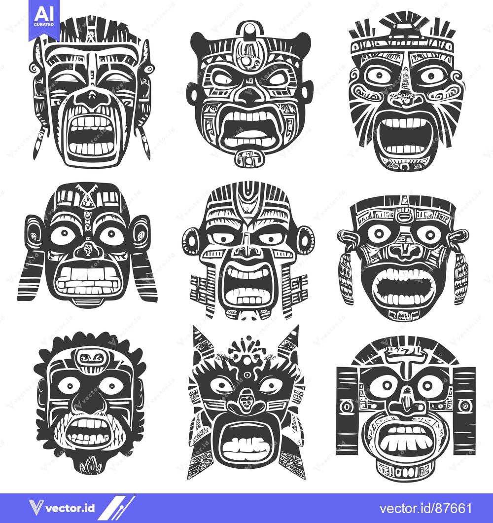 Premium Vector dari Nine Black and White Aztec Masks with Geometric Patterns