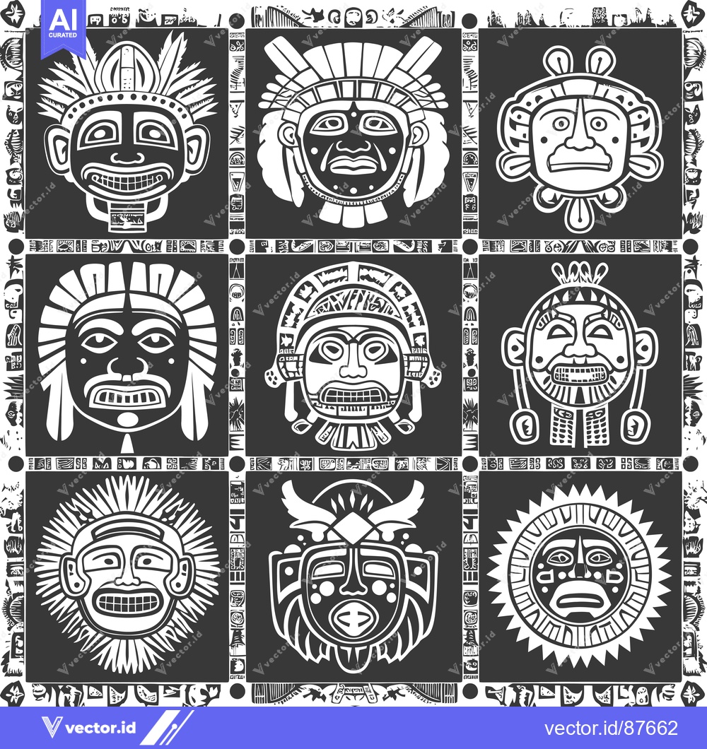 Premium Vector dari Nine Black and White Aztec Masks with Ornamental Borders