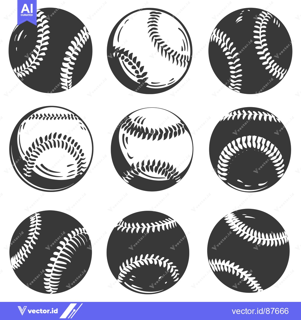Premium Vector of Nine Black and White Baseball Balls with Stitching