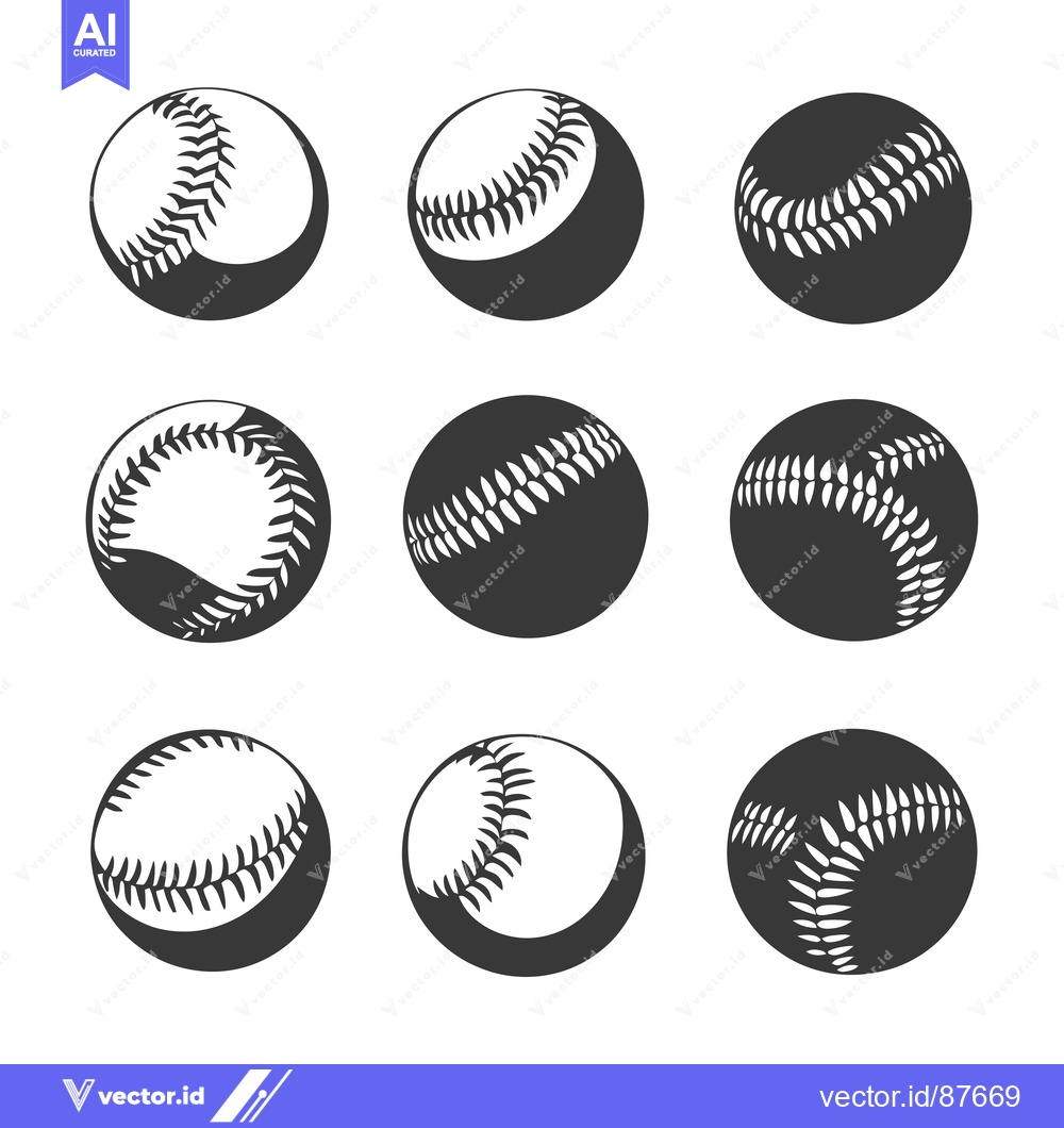 Premium Vector of Nine Black and White Baseball Icons with Stitching