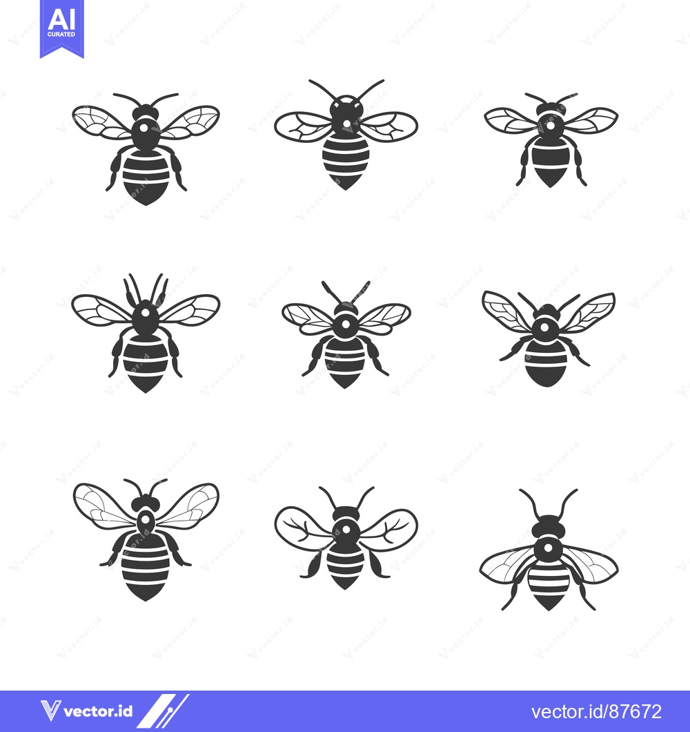 Premium Vector of Nine Black and White Bee Silhouettes