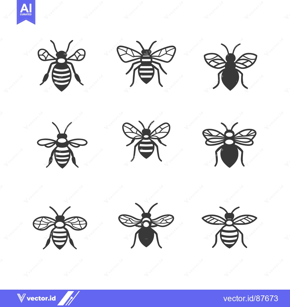 Premium Vector of Nine Black and White Bee Silhouettes in a Grid