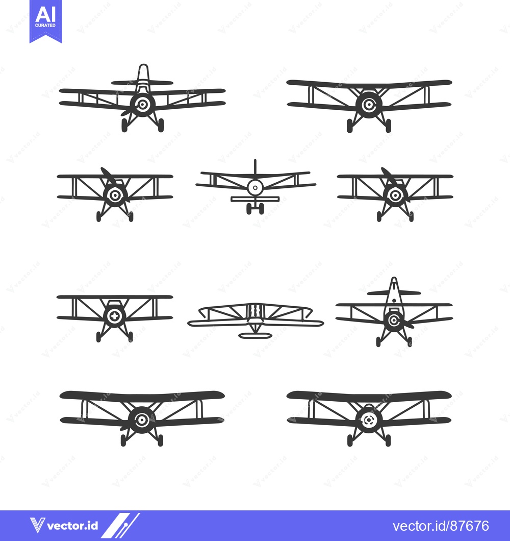 Premium Vector dari Nine Black and White Biplane Illustrations in Different Angles