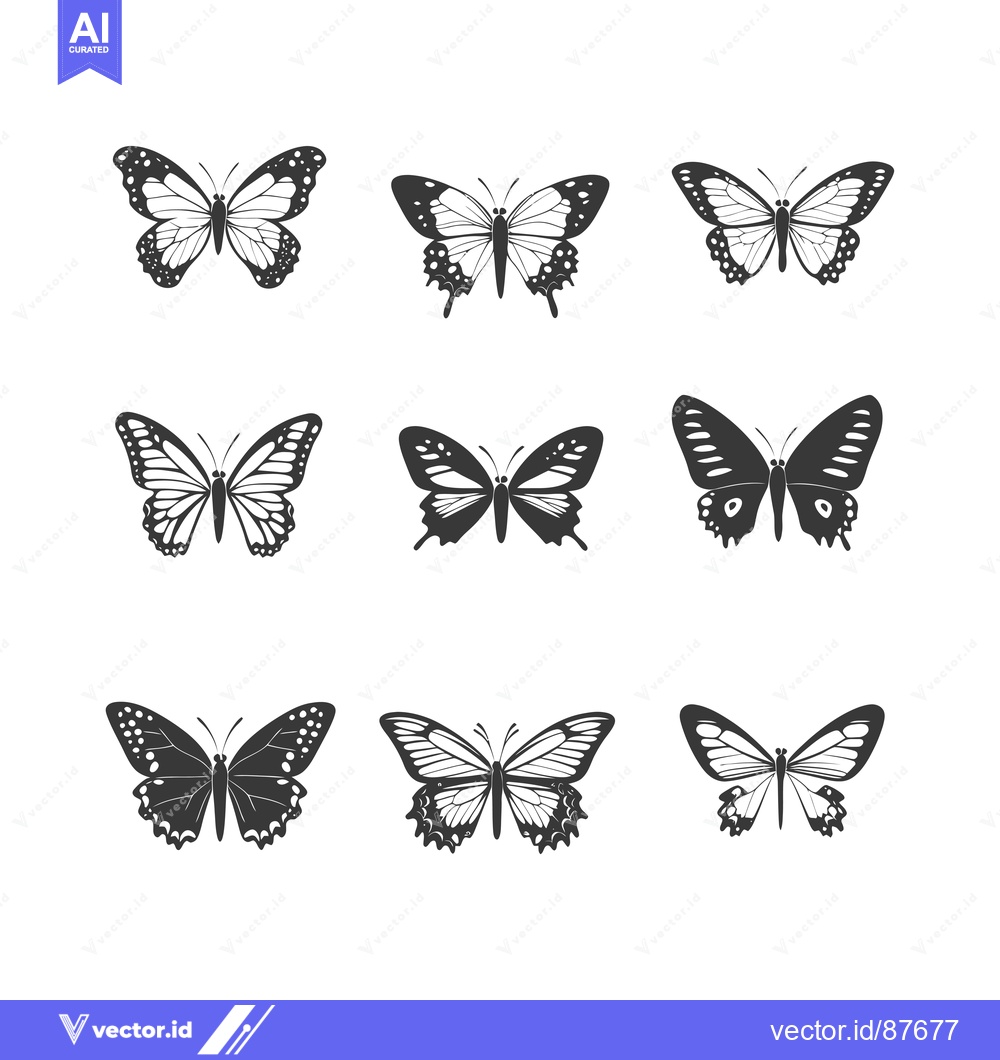 Premium Vector of Nine Black and White Butterfly Silhouettes