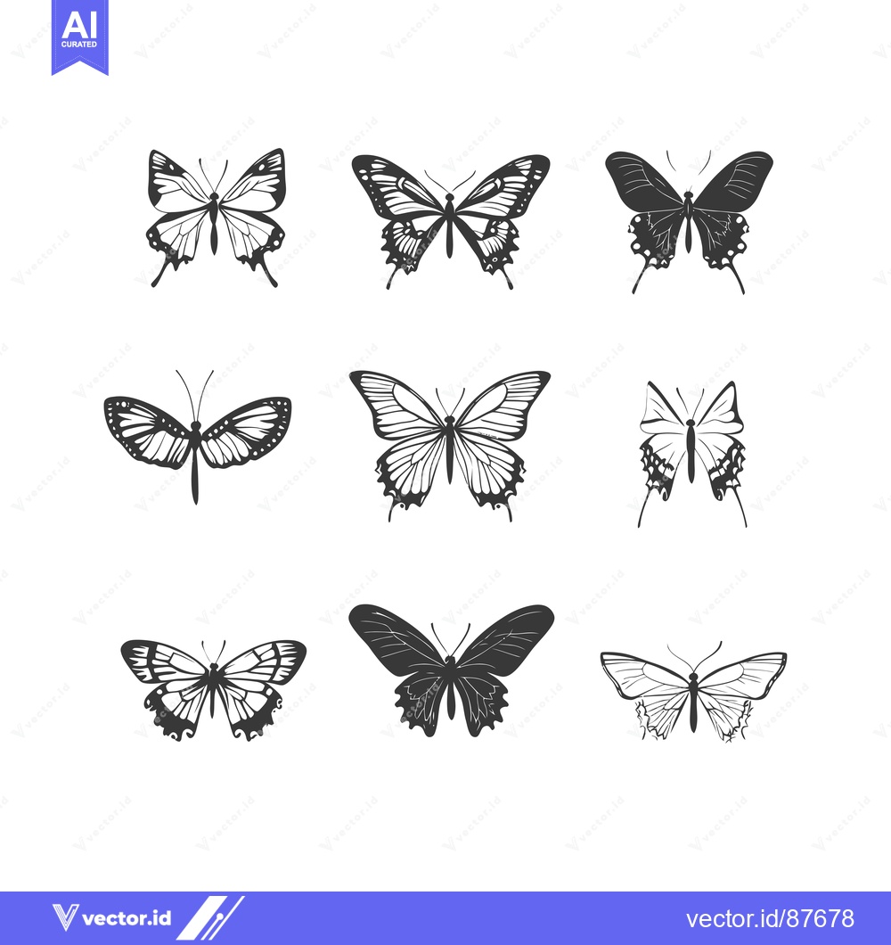 Premium Vector of Nine Black and White Butterfly Silhouettes