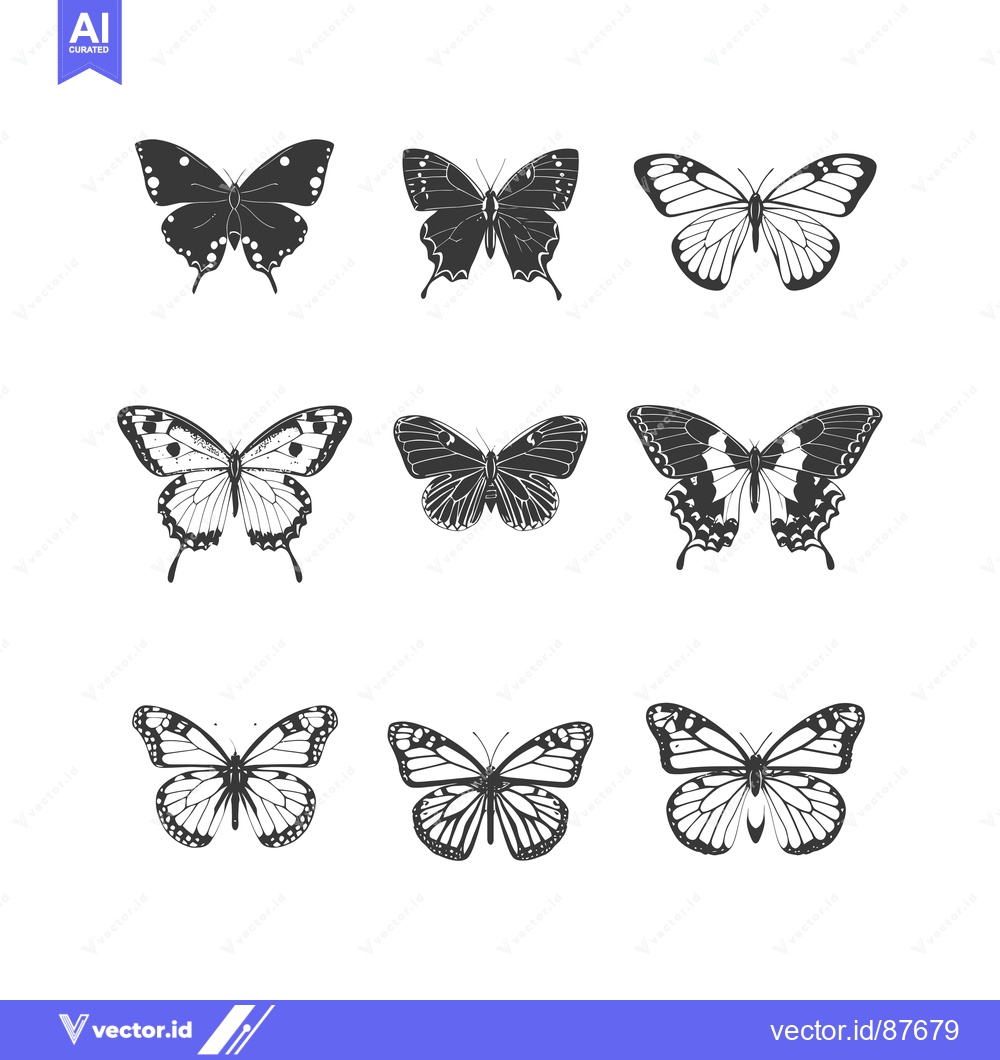 Premium Vector of Nine Black and White Butterfly Silhouettes