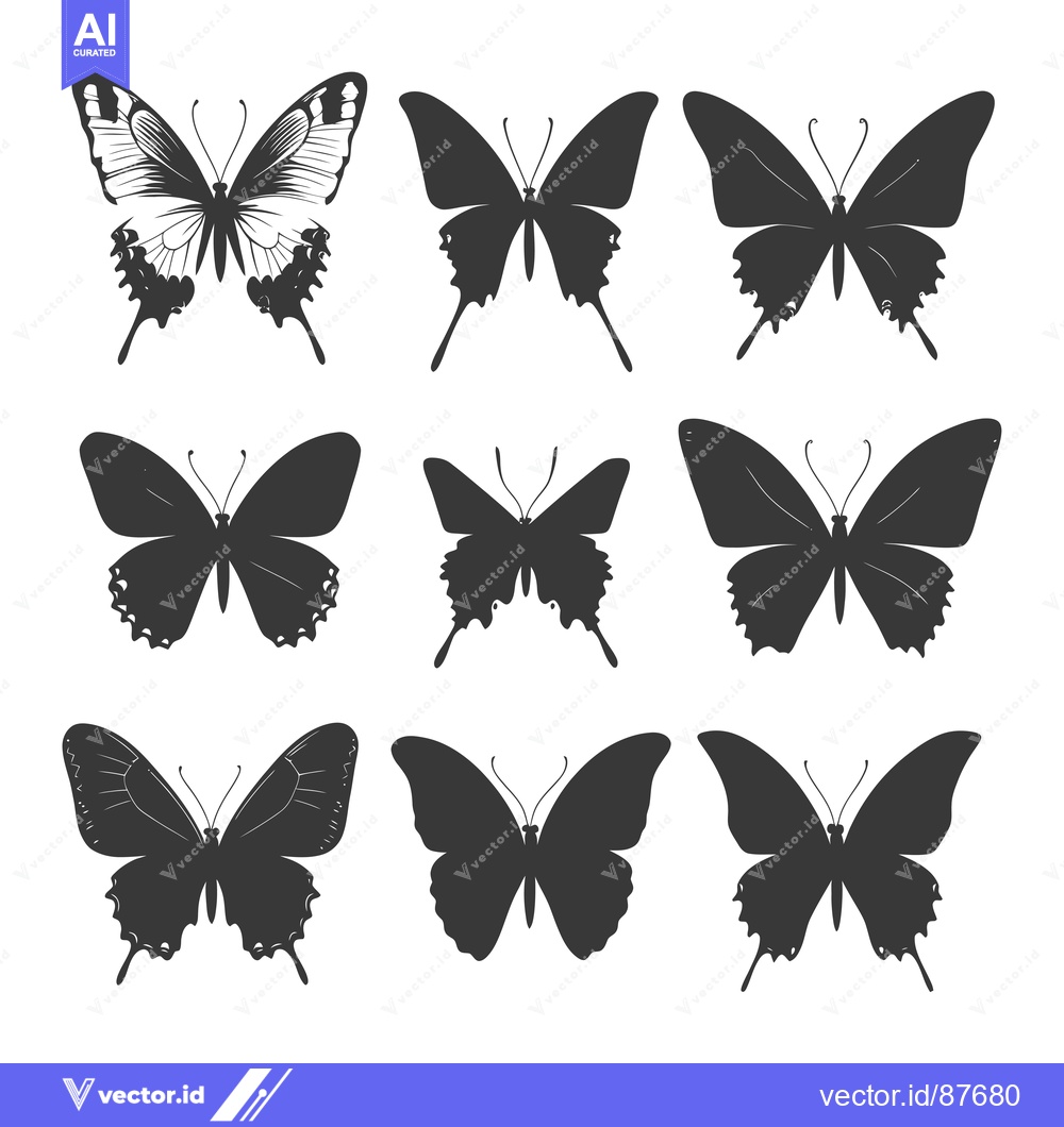 Premium Vector of Nine Black and White Butterfly Silhouettes