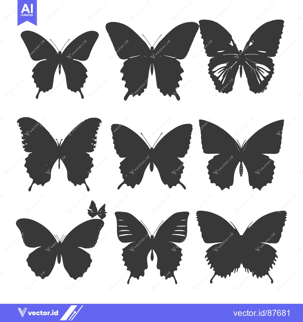 Premium Vector of Nine Black and White Butterfly Silhouettes