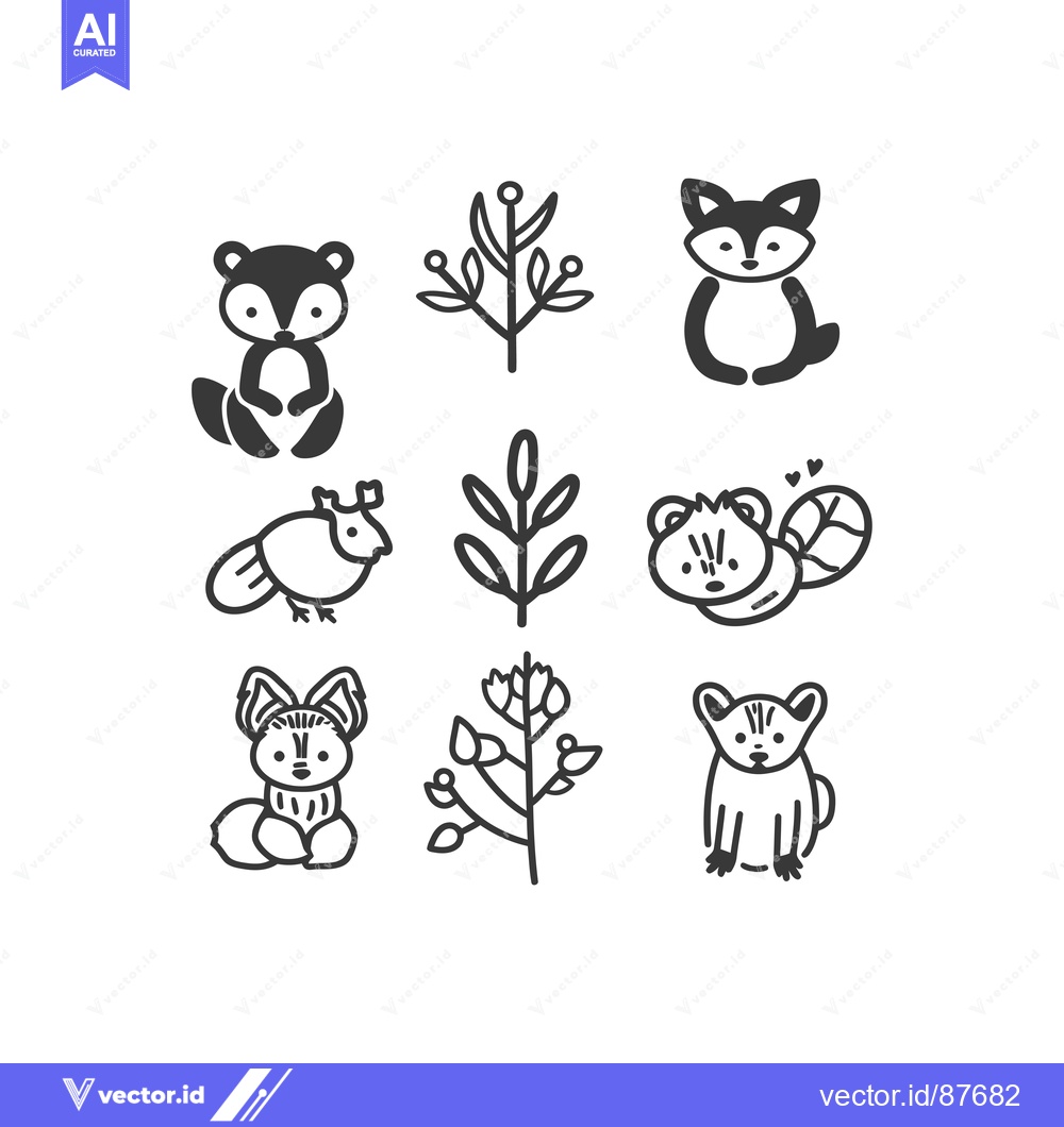 Premium Vector dari Nine Black and White Cartoon Animal and Plant Illustrations