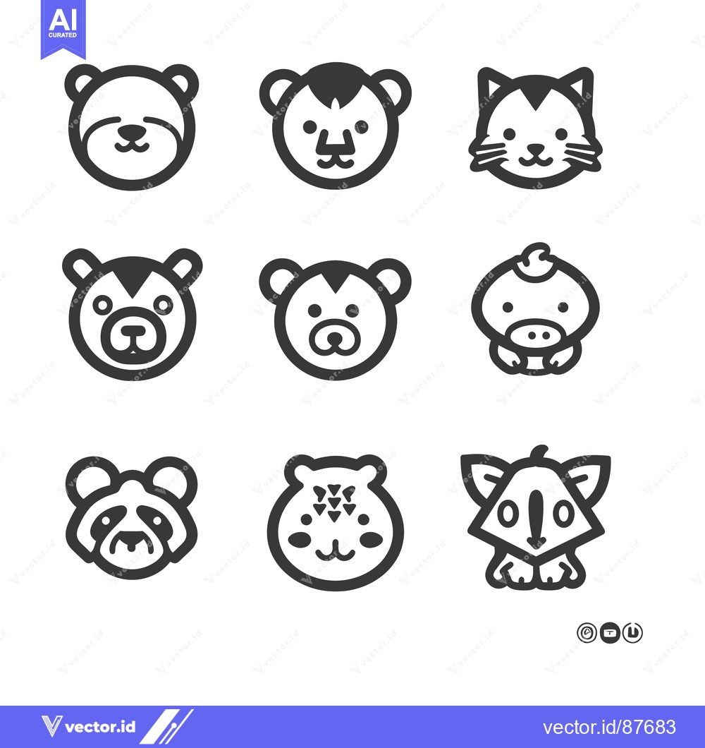 Premium Vector dari Nine Black and White Cartoon Animal Faces