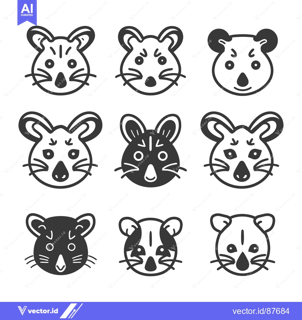 Premium Vector dari Nine black and white cartoon animal faces with various expressions