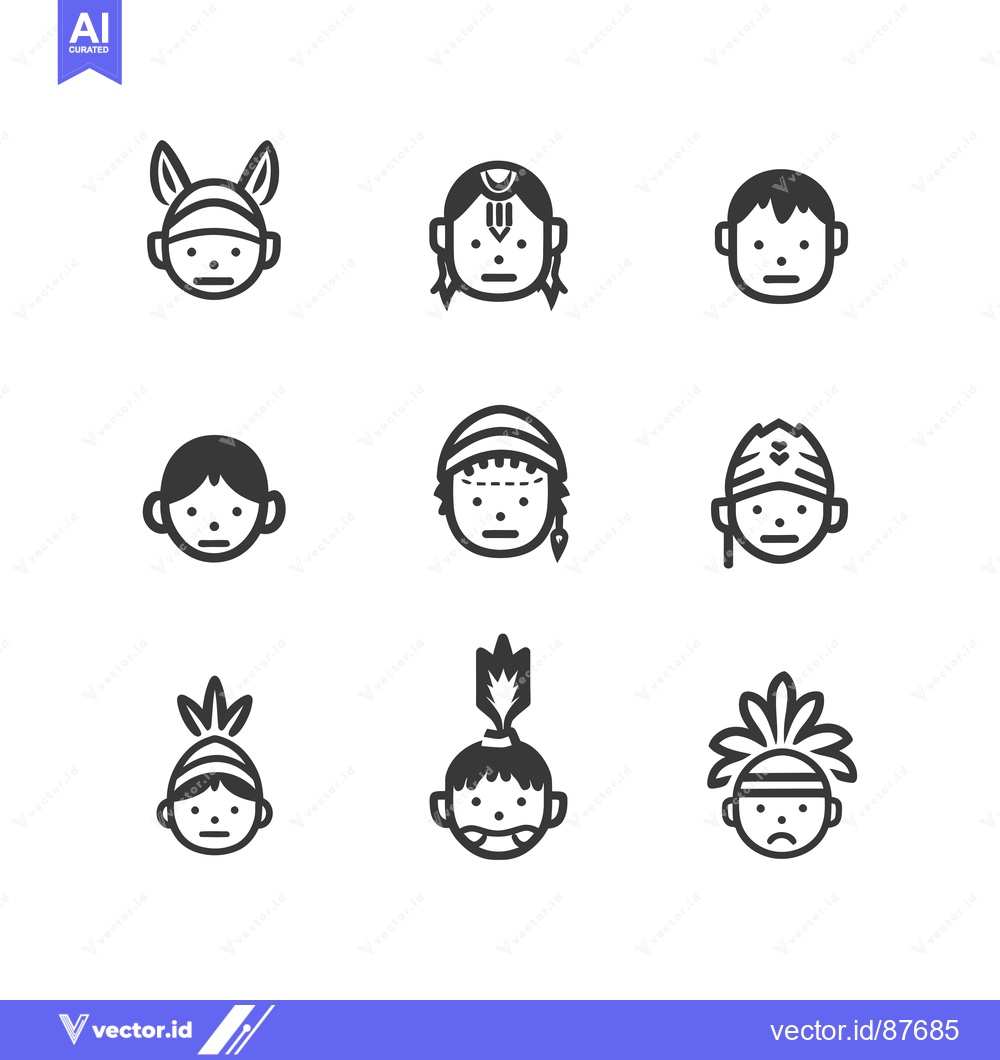 Premium Vector of Nine Black and White Cartoon Faces with Unique Headwear
