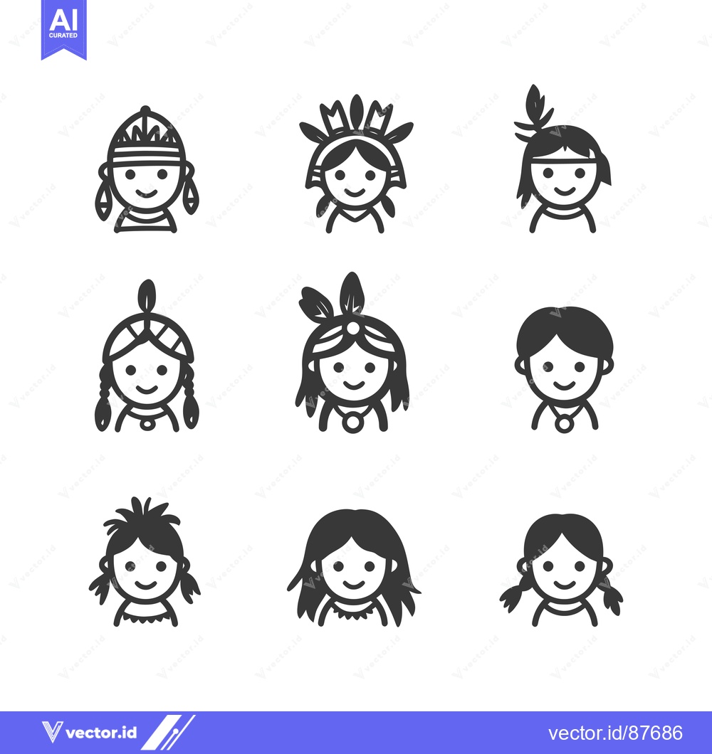 Premium Vector of Nine Black and White Cartoon Native American Child Faces