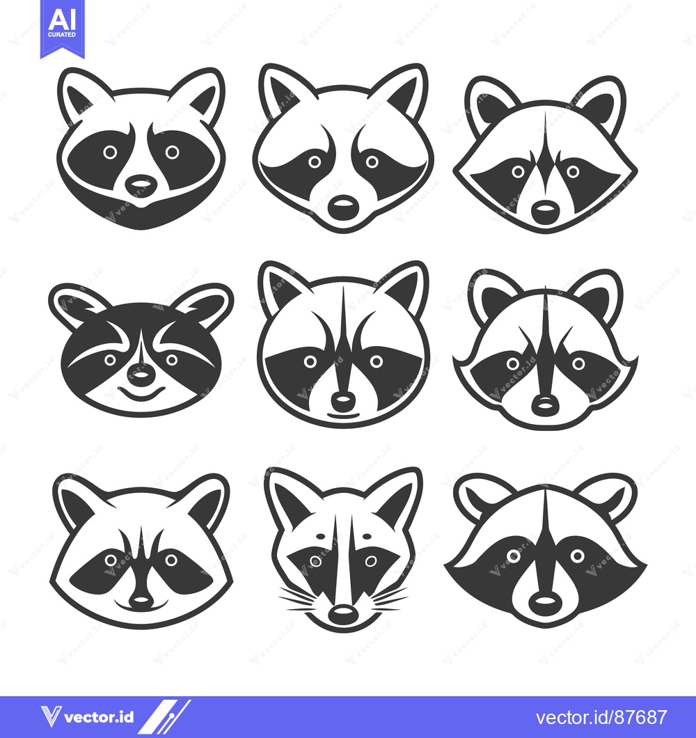Premium Vector dari Nine Black and White Cartoon Raccoon Faces