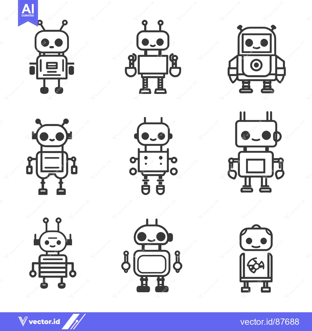 Premium Vector dari Nine Black and White Cartoon Robots with Different Designs