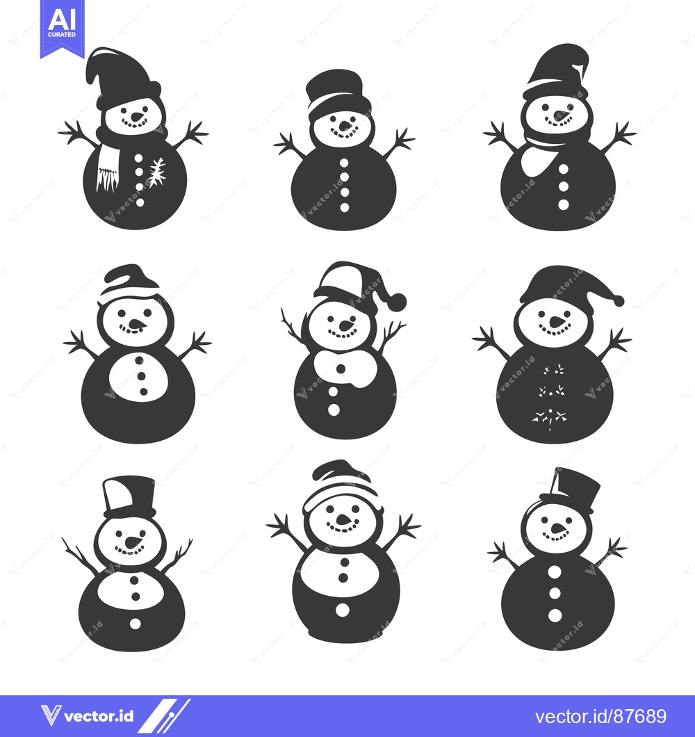 Premium Vector dari Nine Black and White Cartoon Snowmen with Various Hats and Accessories