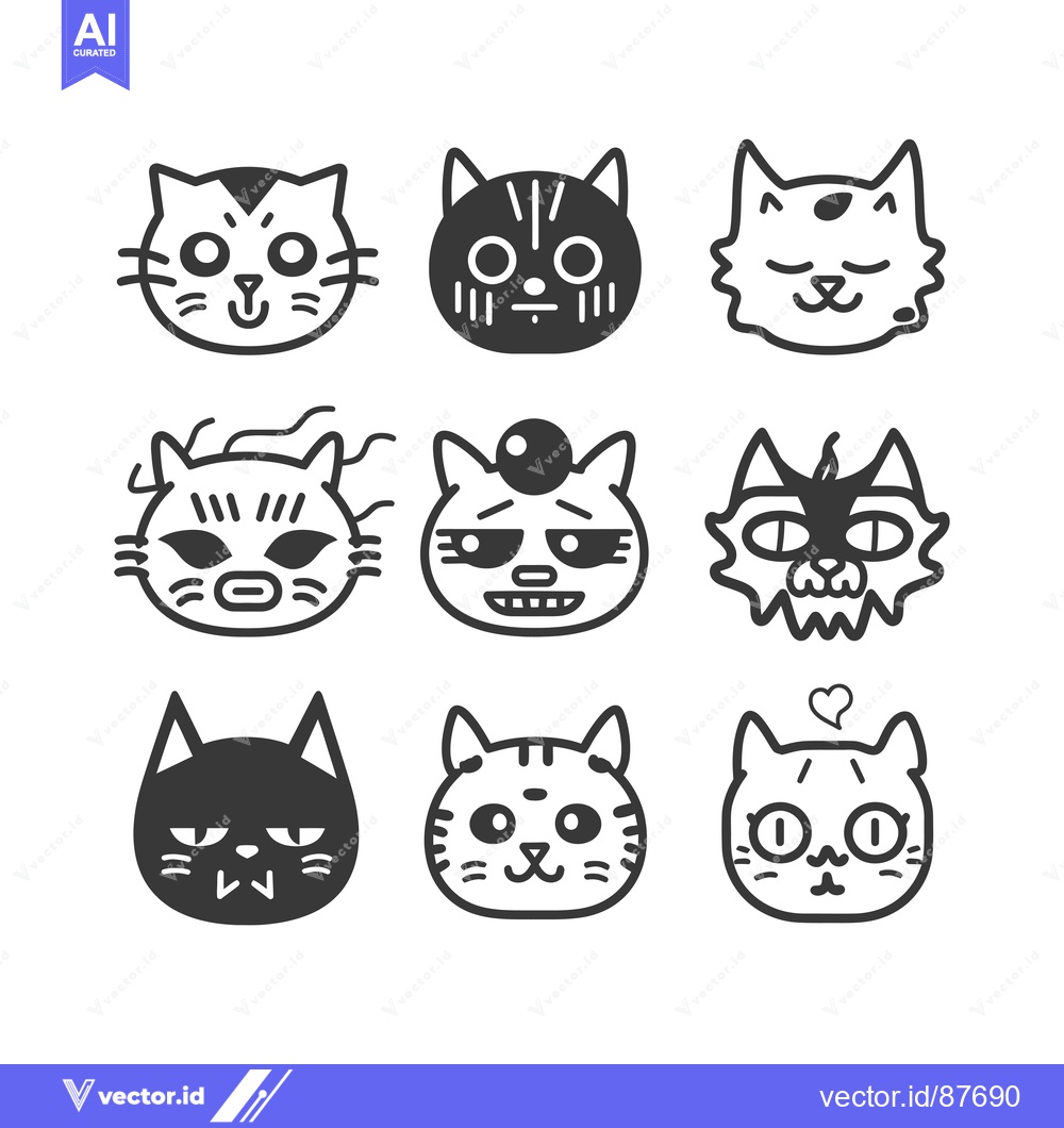 Premium Vector of Nine Black and White Cat Faces with Different Expressions