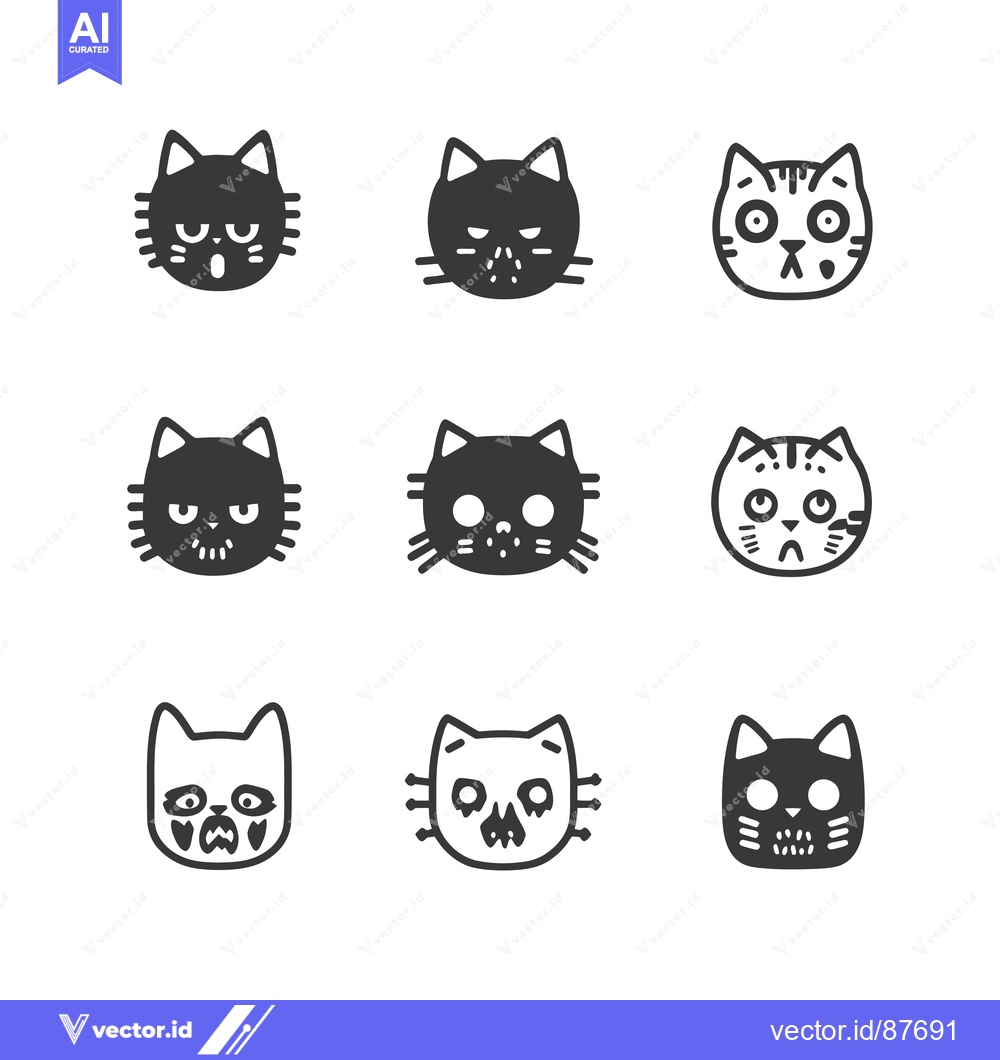 Premium Vector of Nine Black and White Cat Faces with Different Expressions