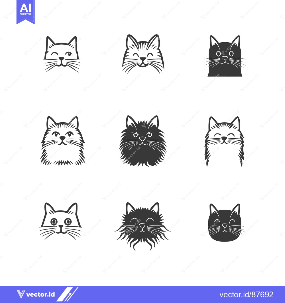 Premium Vector of Nine Black and White Cat Faces with Various Expressions
