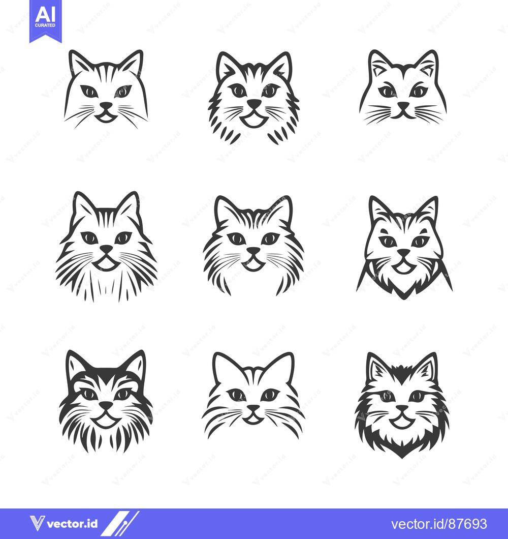 Premium Vector of Nine Black and White Cat Heads with Different Expressions
