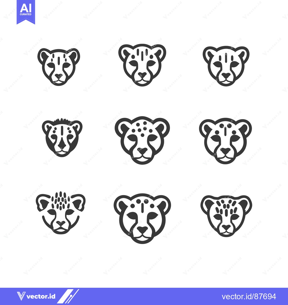 Premium Vector of Nine Black and White Cheetah Head Icons with Different Markings