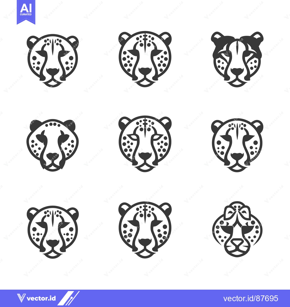 Premium Vector dari Nine Black and White Cheetah Head Illustrations