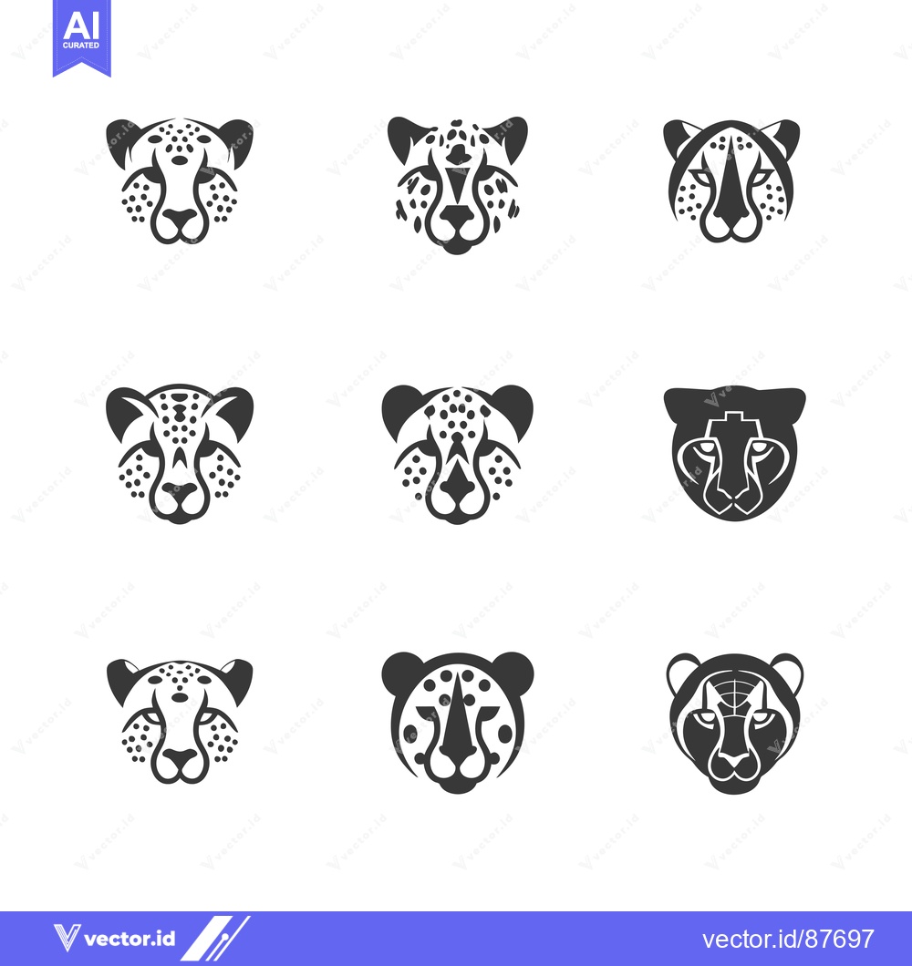 Premium Vector of Nine Black and White Cheetah Head Illustrations