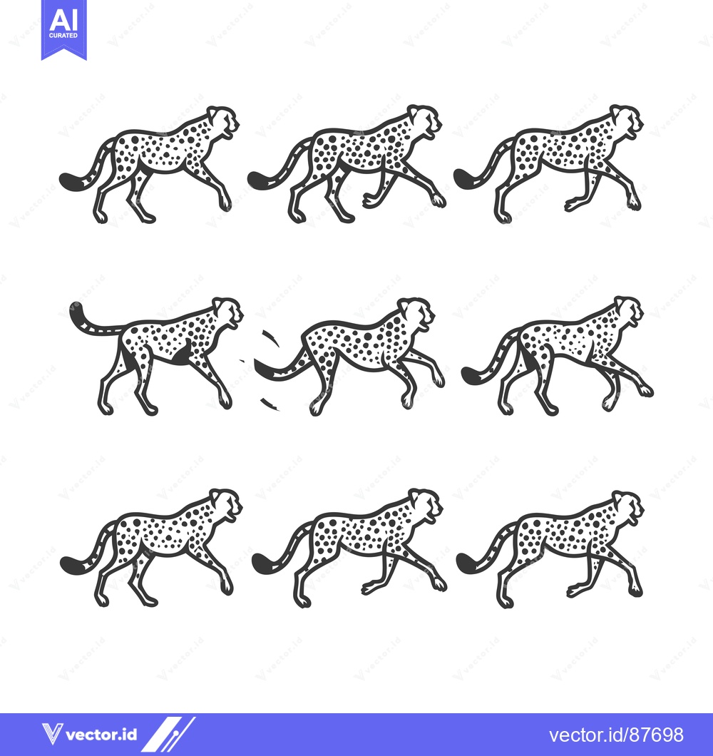 Premium Vector of Nine Black and White Cheetah Silhouettes in Different Running Poses