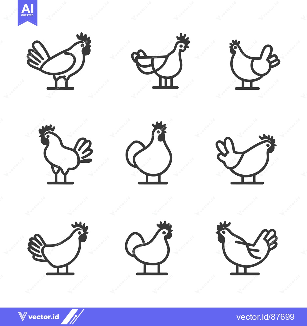 Premium Vector dari Nine Black and White Chicken Outline Icons