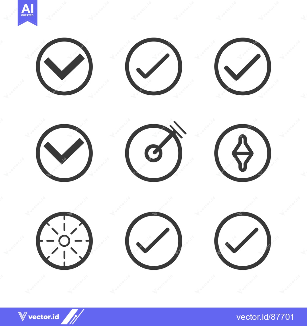 Premium Vector of Nine Black and White Circular Icons with Checkmarks and Other Symbols