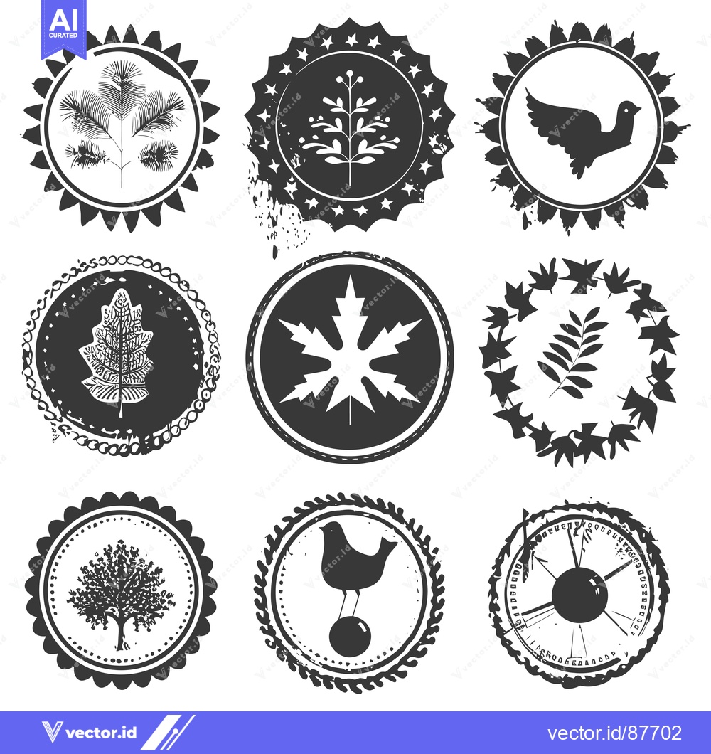 Premium Vector of Nine Black and White Circular Stamps with Nature-Themed Designs