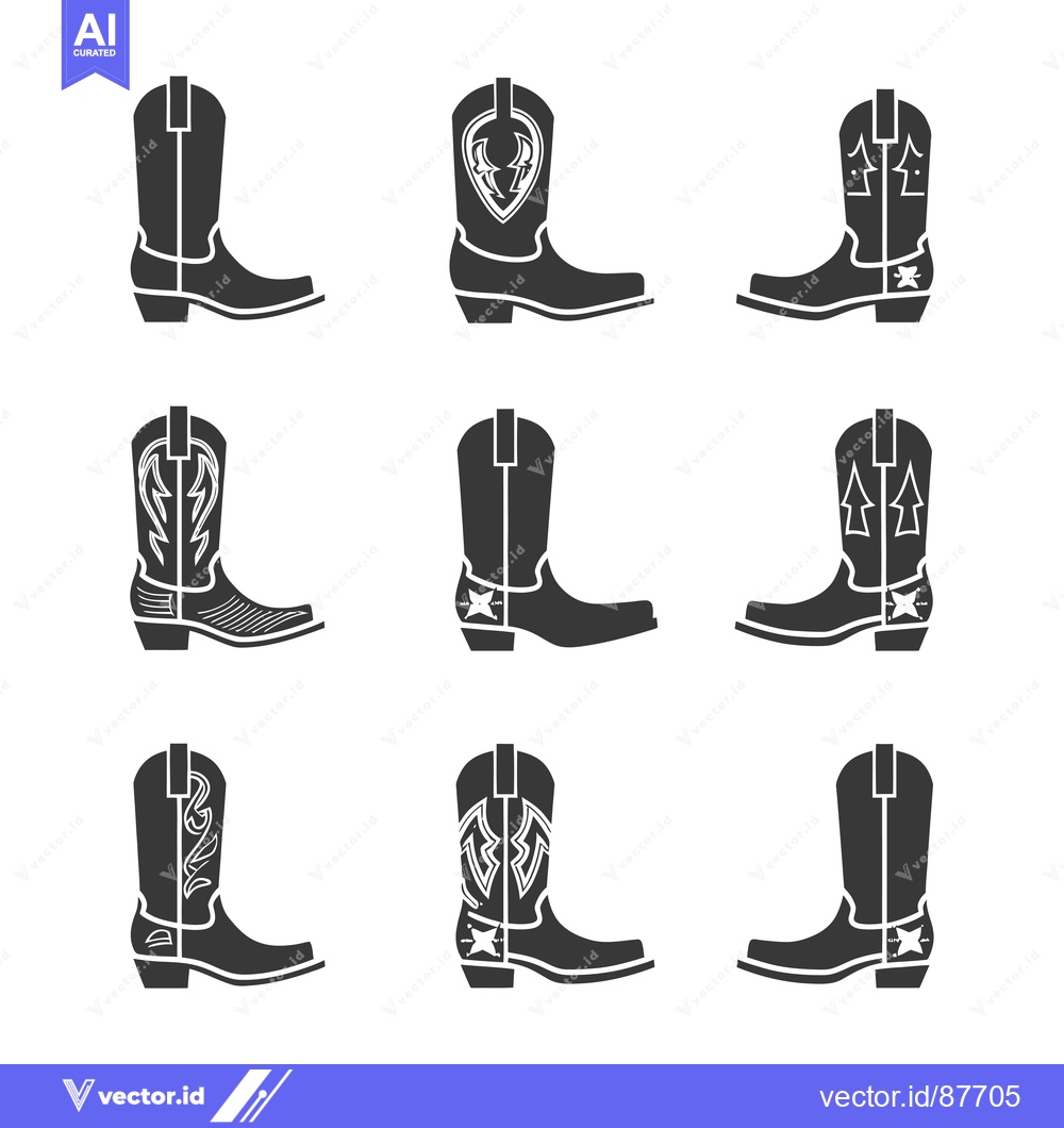 Premium Vector dari Nine Black and White Cowboy Boots with Different Designs