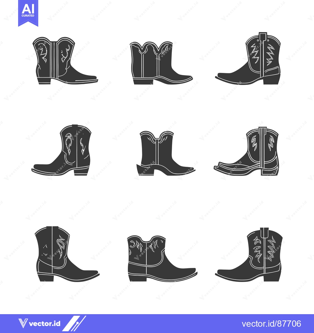 Premium Vector of Nine Black and White Cowboy Boots with Embroidered Designs