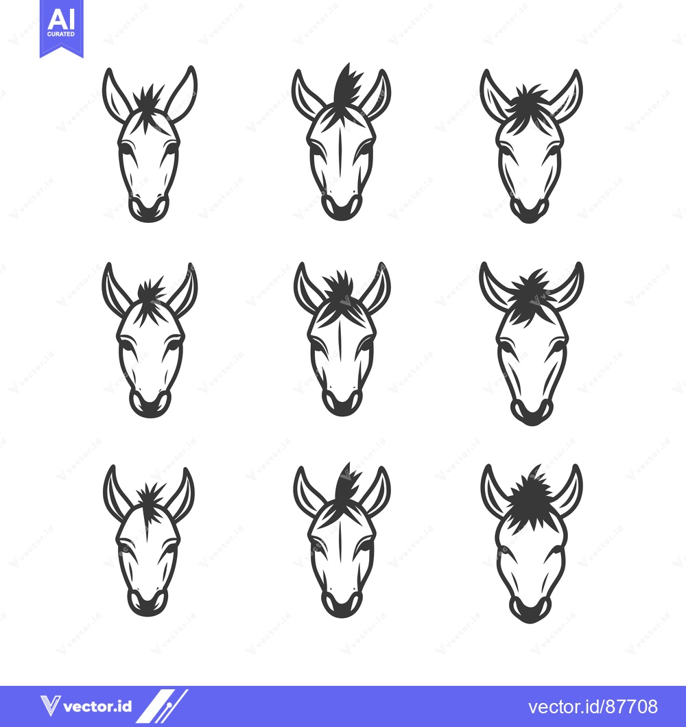 Premium Vector of Nine Black and White Donkey Head Illustrations