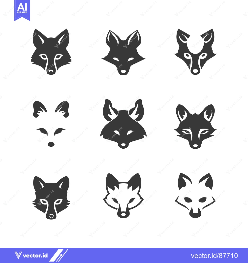 Premium Vector dari Nine Black and White Fox Head Silhouettes in Different Styles