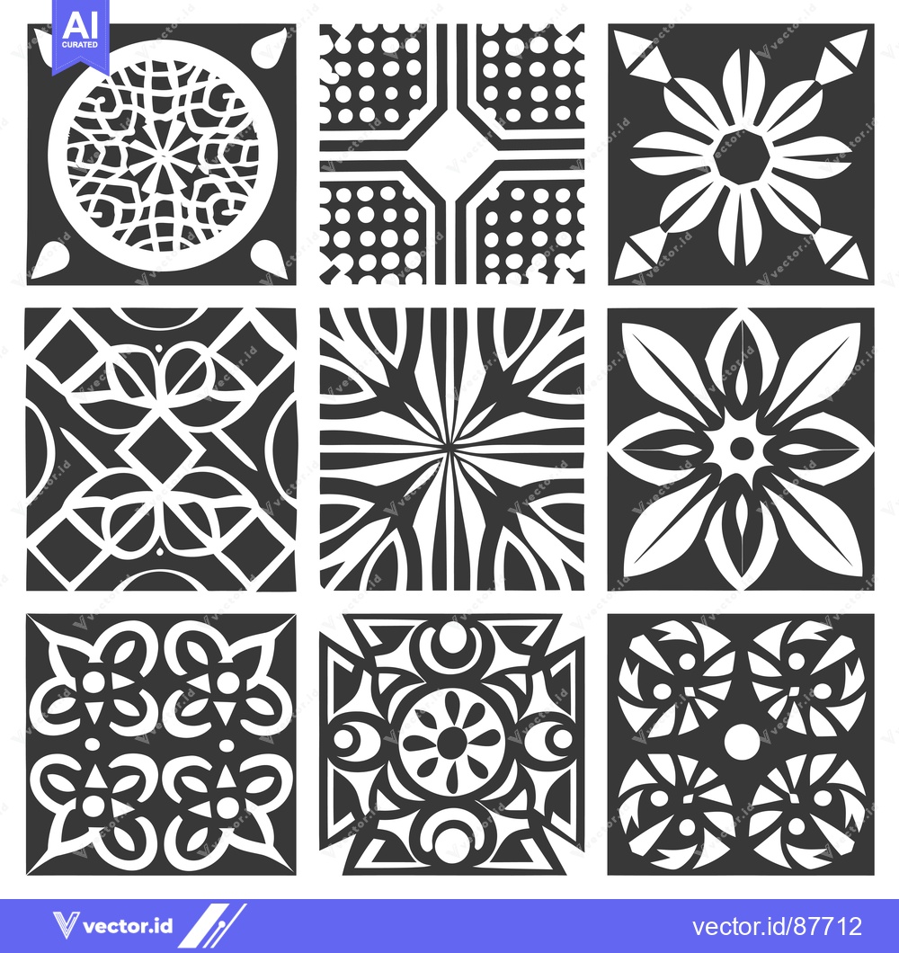 Premium Vector of Nine Black and White Geometric Tile Patterns with Floral and Abstract