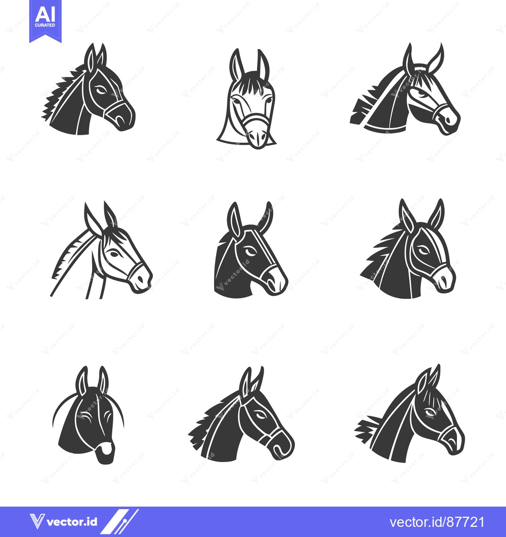 Premium Vector of Nine Black and White Horse Head Illustrations