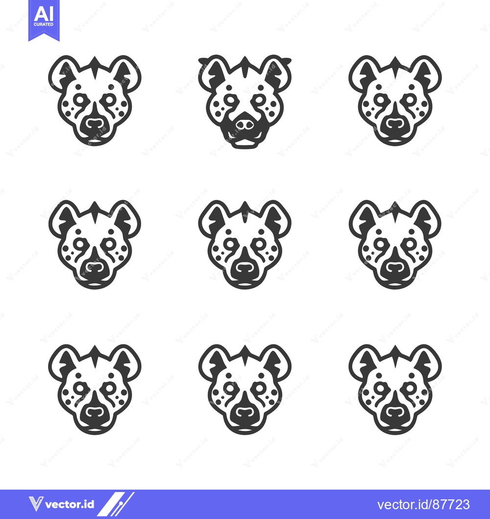 Premium Vector of Nine Black and White Hyena Head Illustrations