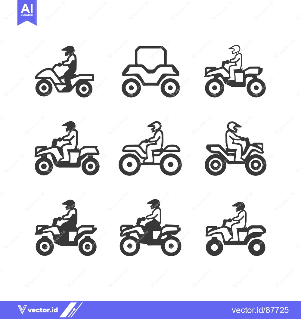 Premium Vector of Nine Black and White Icons Depicting People Riding ATVs and an ATV